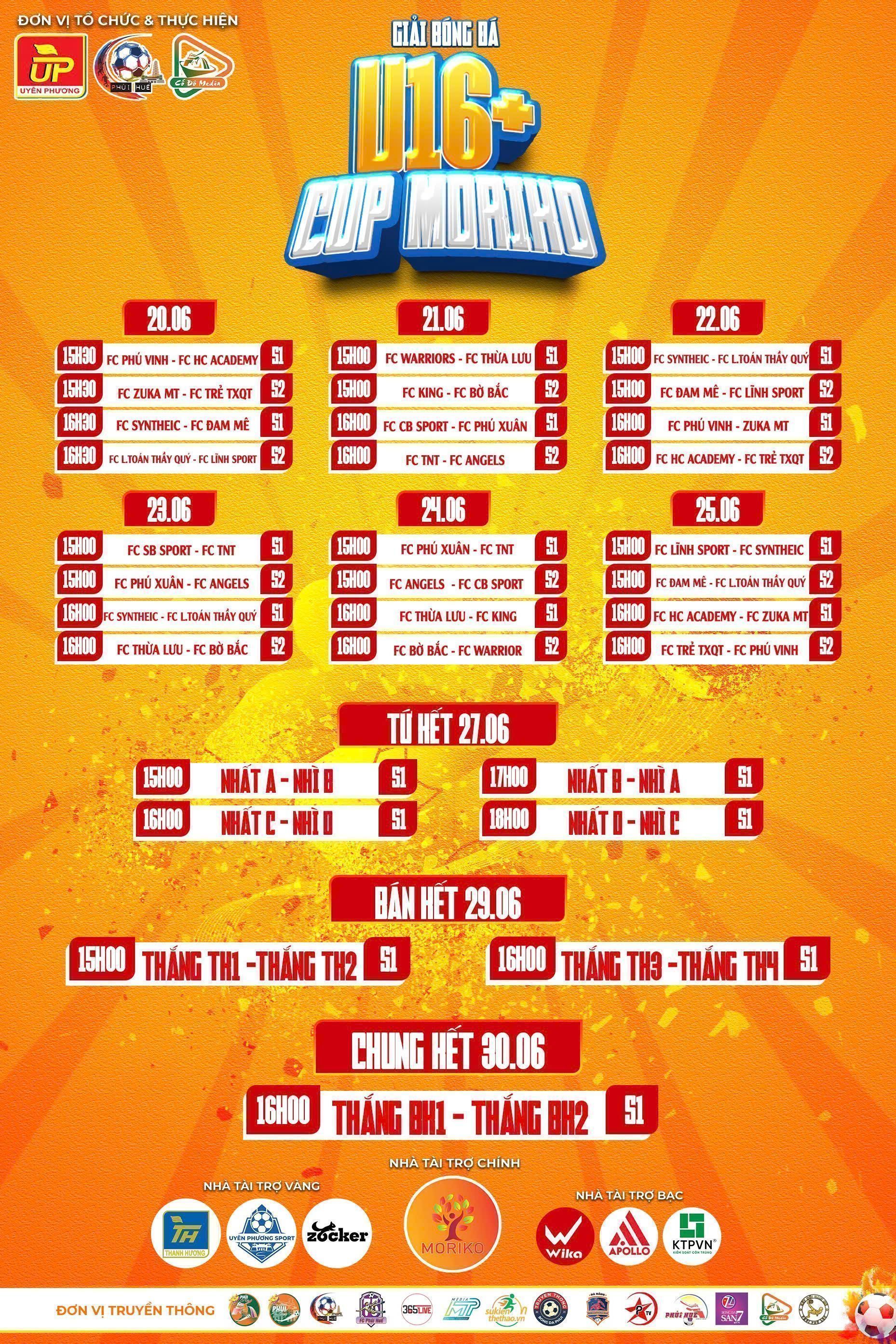 Lịch thi đấu u16+ Cup Moriko 2025